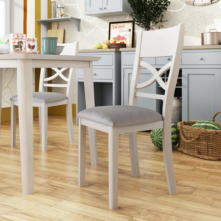 TOPMAX Farmhouse Rustic Wood 4 Piece Kitchen Dining Upholstered Padded Chairs Light Grey White Walmart