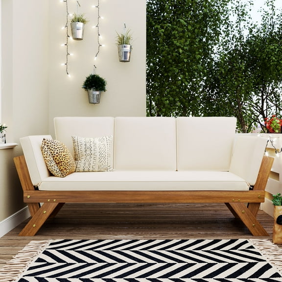 TOPMAX Outdoor Adjustable Patio Wooden Daybed Sofa Chaise Lounge with Cushions for Small Places, Natural Finish+Beige Cushion