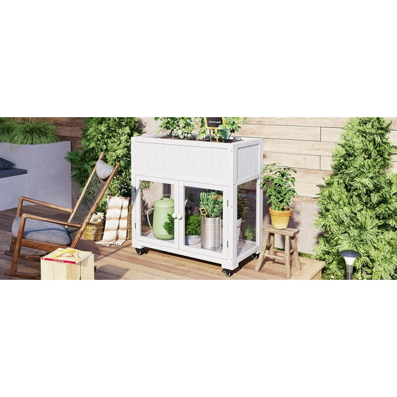 TOPMAX Patio 35.4''x17.7''x37.4'' Mini Wood Cold Frame, Compact 2 Doors Garden Greenhouse with Wheels, Raised Bed with Liner for Indoor Outdoor Use, White