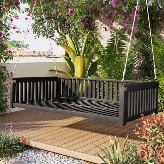 TOPMAX Patio Minimalist Twin Size Garden Swing Bed Wood Porch Swing with Ropes for Backyard, Safe Sloped Design, Black