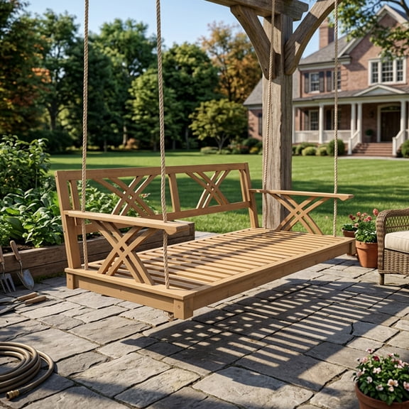 TOPMAX Patio Twin Size Swing Bed Frame, Outdoor Acacia Wood Hanging Daybed with 6.6ft Hemp Ropes, Farmhouse Porch Swing, Light Teak