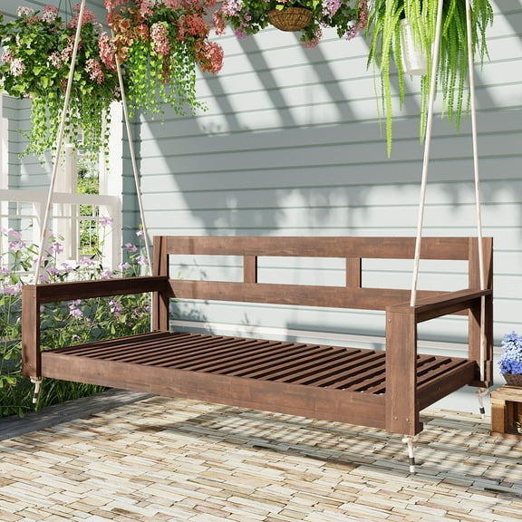 TOPMAX Patio Wooden Twin Size Porch Swing Daybed Frame, Garden Swing Bench Chair with 4 Hanging Ropes for Backyard,Outdoor,Brown
