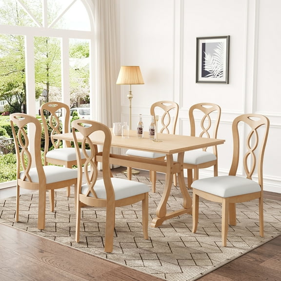 TOPMAX Retro 7-Piece Trestle Dining Table Set with Upholstered Dining Chairs, Smooth Dining Backs for Dining Room, Living Room, Kitchen, Natural