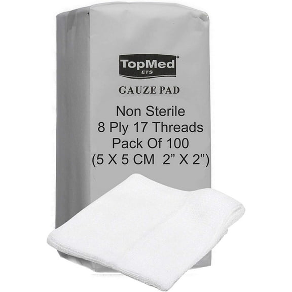 Cotton Gauze Swabs, Non-Sterile,White,8 Ply 17 Threads Pack of 100 1 Count (5 X 5 cm 2" X 2")