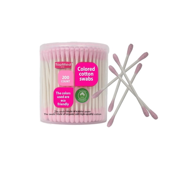 TOPMED PAPER COLOR COTTON BUDS IN A ROUND BOX 200 PCS 100% Cotton Sticks (Pink)