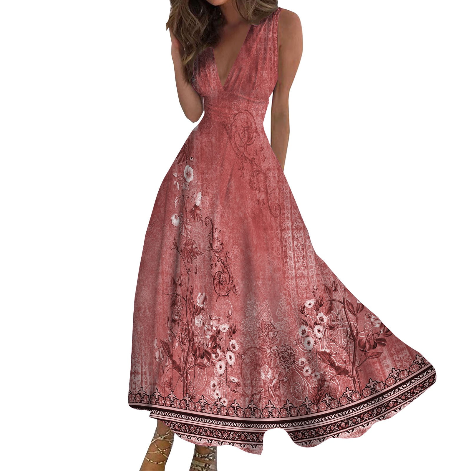 TOPMU Skirts for Women Trendy Summer Women s Slip Beautiful 2024 Elegant V Neck Sleeveless Maxi Dress Stylish Flowy Printed Beach Dress Fashion Comfortable Dresses Walmart