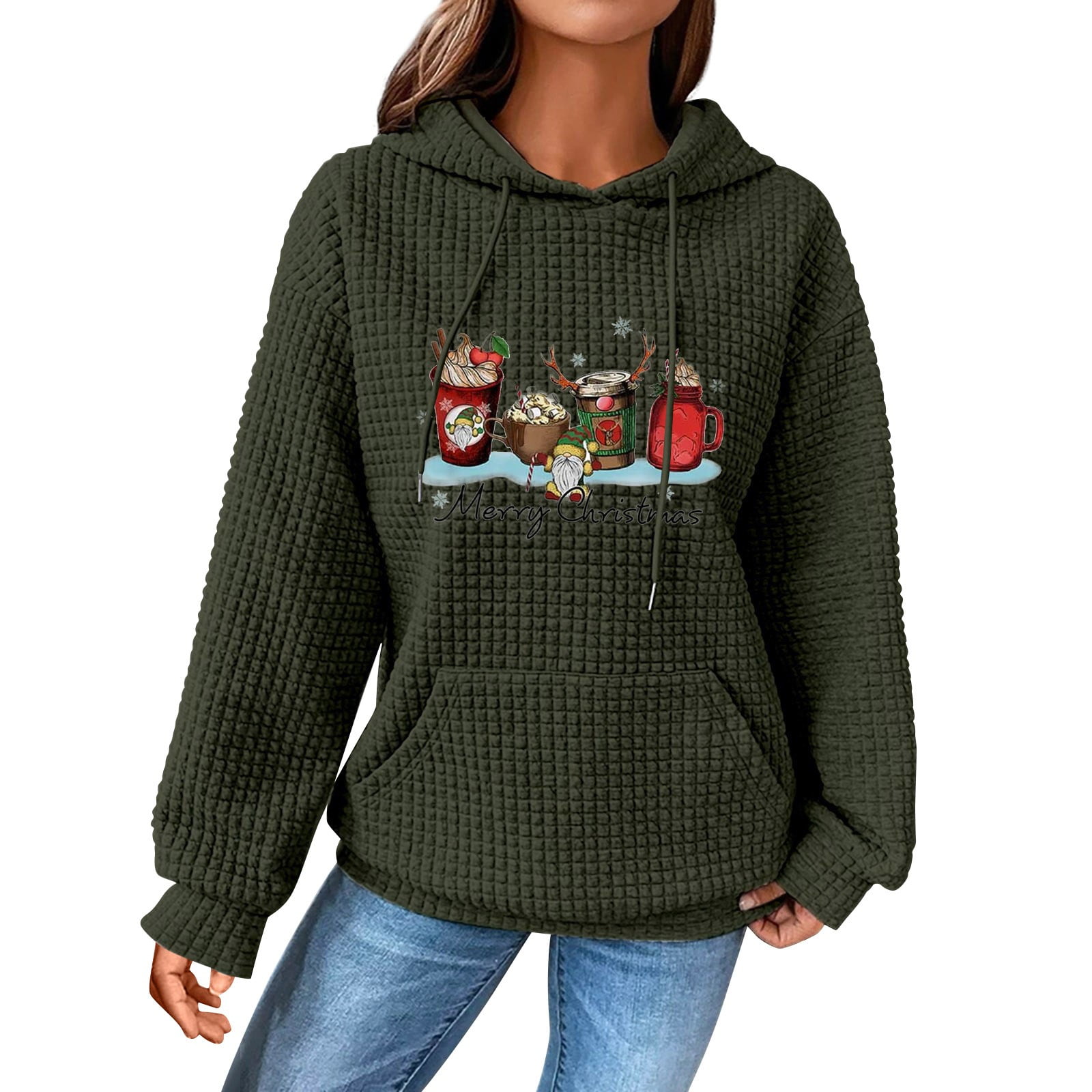 TOPMU Women's Hooded Sweatshirt Christmas Milk Tea Print Drawstring