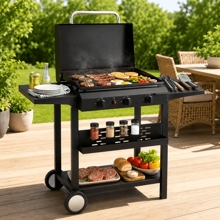 TOPNEST 3-Burner Flat Top Gas Griddle, 30,000 BTU 2-IN-1 Outdoor Propane BBQ Grill with Removable Lid, Shelf, Storage Rack, Spice Rack and Grease Tray for Camping Patio Backyard