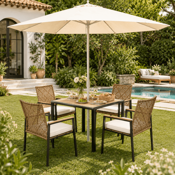 TOPNEST 5-Piece Patio Dining Set for 4, All-Weather Outdoor Rattan Wicker Furniture Set with Acacia Wood Tabletop & Umbrella Hole, Cushioned Chairs, for Backyard, Balcony, Porch, Garden