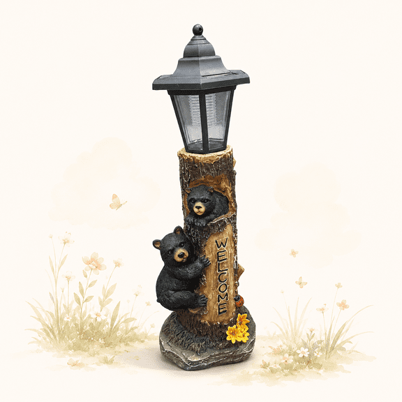 TOPNEST Brown Bear Solar Garden Statue with Welcome Sign, 19" Resin Bear Family in Tree with Solar-Powered LED Light, Outdoor Rustic Bear Yard Decoration for Garden, Lawn, Patio & Porch