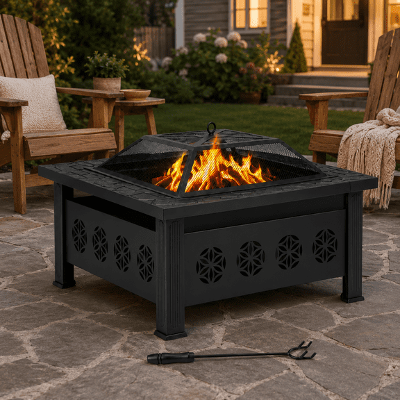 TOPNEST Outdoor Fire Pit Table, 32 Wood Burning Firepit with Floral Cutout Panels, Heavy-Duty Square Warming Stove w/Screen Lid & Fire Poker for Patio, Backyard, Garden and Camping