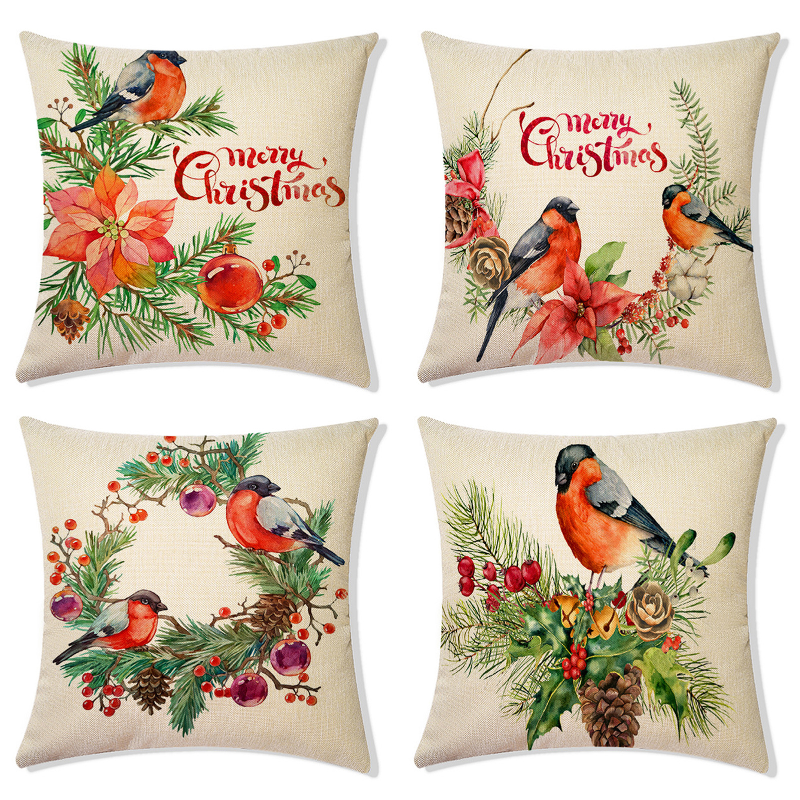 TOPOINT 4Packs Christmas Decorations Pillow Covers 18X18 Watercolor Wreath Bird Merry Christmas