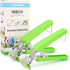 TOPOKO Stainless Steel Retriever Tongs / Gripper Clip for Hot and Cold Plate, Bowl, Dish, Tray. Perfect Accessory for Retrieve from Instant Pot, Microwave, Oven, Pot. Green Color Two Pack