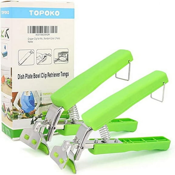 TOPOKO Stainless Steel Retriever Tongs / Gripper Clip for Hot and Cold Plate, Bowl, Dish, Tray. Perfect Accessory for Retrieve from Instant Pot, Microwave, Oven, Pot. Green Color Two Pack