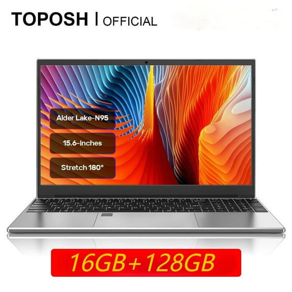 TOPOSH 15.6"1920*1080P Laptop,Intel N95,4 Core,16GB+128GB,Windows 11/10*10pro,Portable,Bluetooth WiFi,Silver,Multilingual for Study,Work,Meeting,Business