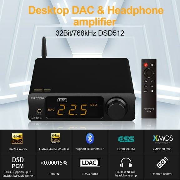 TOPPING DX3 Pro+ Desktop DAC & Bluetooth 5.1 headphone amplifier 3.5mm - Black
