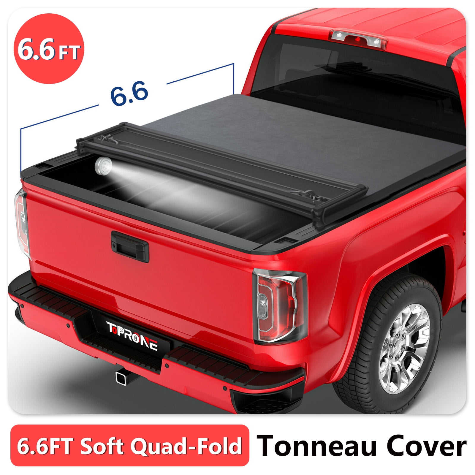 TOPRONE Soft Quad-Fold Tonneau Cover Fits 2019-2024 Chevy Silverado / GMC Sierra 1500 New Body Style with 6.6ft (79.4in) Truck Bed | Not Work with Factory Side Storage Box|