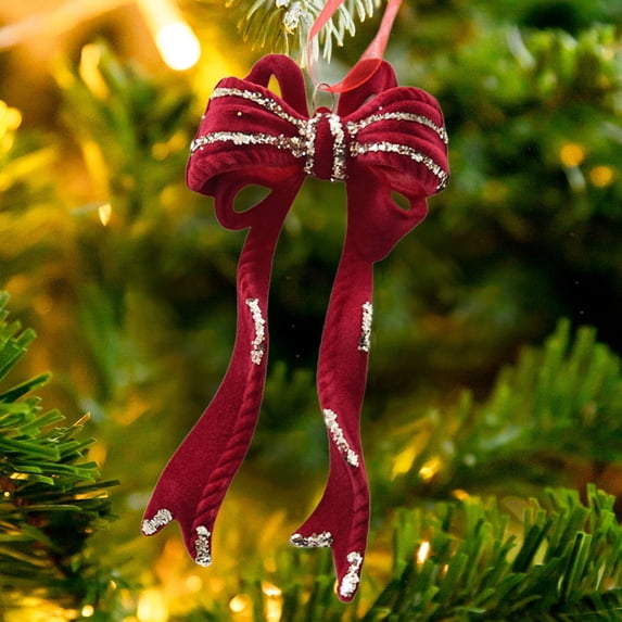 TOPRenddon Christmas Decoration, TOPRenddon Burgundy Bow Christmas Decoration Flocking Hanging Christmas Tree Decoration Hanging Decoration