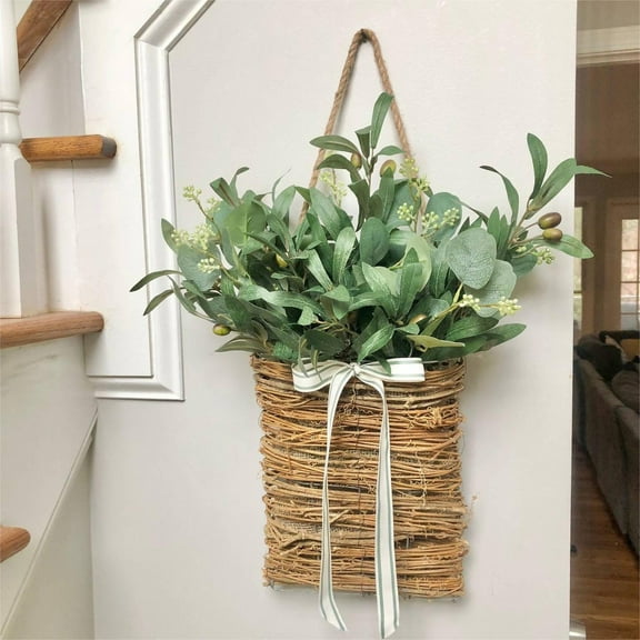 TOPRenddon Spring Front Door Hanger Basket Wreath,Spring Wreaths for Front Door,Spring and Summer Flower Basket Simulation Flower Vines Basket Door Basket Hanging in Front Decorative Flower Wreath