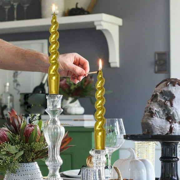 TOPRenddon Taper Candles, 2pcs Unscented 7.5 Inch Dinner Candle Set, Gold Glossy Metal Style Candle Sticks, 8 Hours Burn Time, Smokeless Dripless Non-Toxic Hand Poured Candlesticks