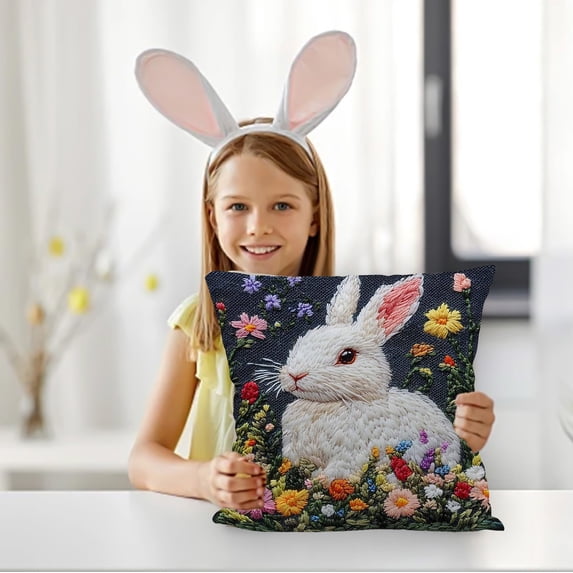 TOPRenddon 17.72x17.72in Easter Bunny Egg-Print Pillowcase, Multicolor Polyester Flannelette Faux Embroidery Pillow Cover, Invisible Zipper Throw Case for 18x18in Inserts & Easter Home Decor