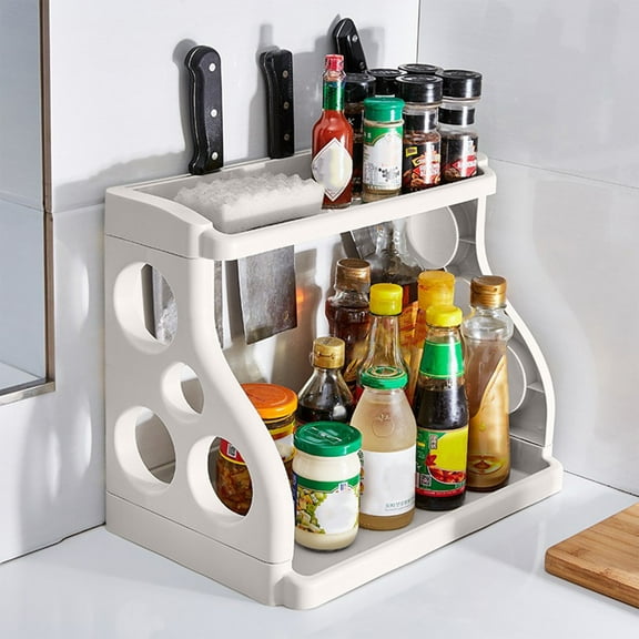 TOPRenddon 2-Tier Kitchen Spice Rack Organizer with Knife Holder – Removable Countertop Shelf for Utensils, Spices & Towels, Space-Saving Blue Plastic Storage