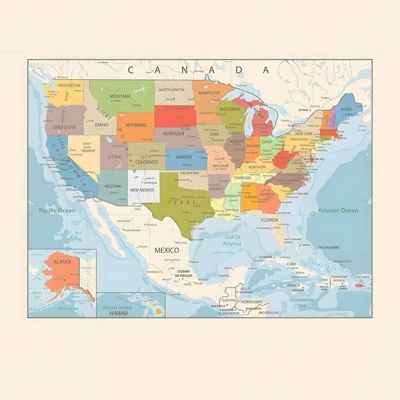 TOPRenddon Retro Color Map of United States USA Updated with Gul-f of America and Mount M-cKinley Art Print Poster 12x18"
