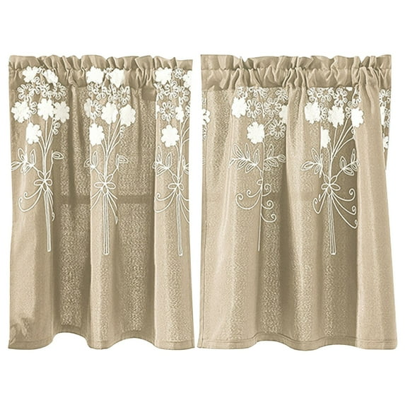 TOPRenddon 29x24 Inch Navy Blue Curtain - Embroidered Polyester Cafe Curtains with Checkered Border for Kitchen/Bathroom, Light Filtering Short Window Treatment