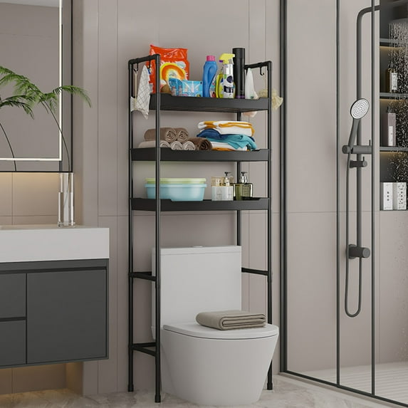 TOPRenddon 3-Tier Over The Toilet Storage Rack – Heavy-Duty Rust-Proof Bathroom Shelf Organizer with 11-Inch Deep Shelves for Towels, Toiletries & Plants, Space-Saving Black