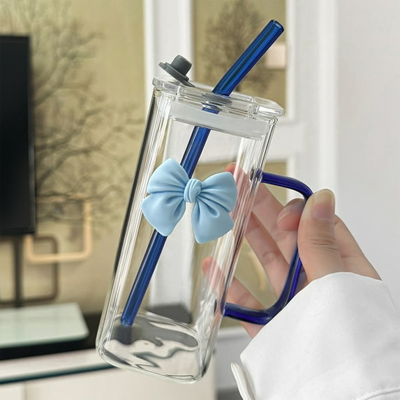 TOPRenddon 400ml Glass Water Cup with Handle & Lid, Glass Straw + Detachable Butterfly Decoration, Elegant Drinkware for Home Office On-the-Go