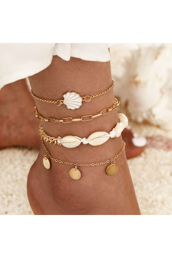 4pc Bohemian Anklet Set Eco-Friendly Adjustable Beach Jewelry with Shells for Women, Summer Vacation & Music Festivals (Gift-Ready)