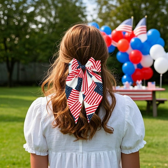 TOPRenddon 4th of July Hair Clips – Patriotic Spring Hair Bows for Kids & Adults, Red White Blue Hair Accessories with Metal Clips, 4 Styles Independence Day Party Decor (10.6in)