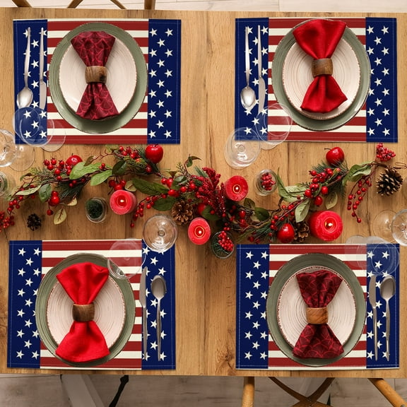 TOPRenddon 4th of July Placemats Set of 4 – Red White Blue Washable Linen Table Mats for Patriotic Dining & Outdoor BBQ – Stars and Stripes Kitchen Decor
