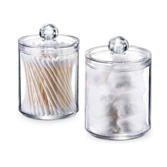 TOPRenddon Acrylic Qtip Holder Dispenser for Cotton Ball, Cotton Swab,Cotton Round Pads,Floss,10 oz Clear Plastic Apothecary Jar for Bathroom Canister Storage Organization,Vanity Makeup Organizer