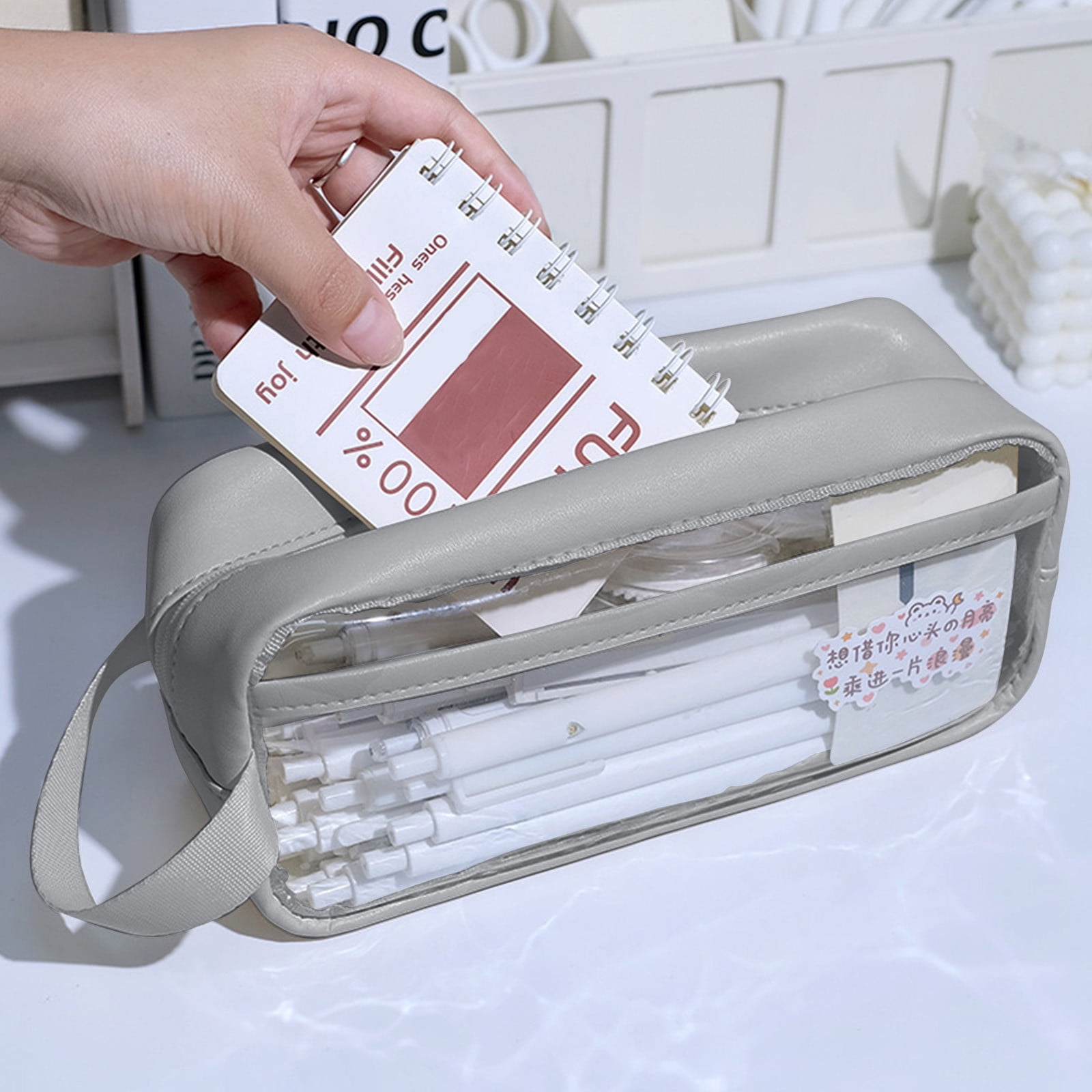 ElevateTech Adjustable Elastic Band Pencil Case - Zipper Standing Pen Holder, Grey Polyester, Fits Notebooks