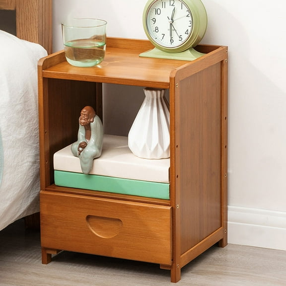 TOPRenddon Beige Wooden Bedside Table – Narrow Nightstand with Double Open Shelves, Space-Saving Storage Cabinet for Small Spaces, Anti-Slip Surface Bedroom Organizer, Farmhouse Home Decor