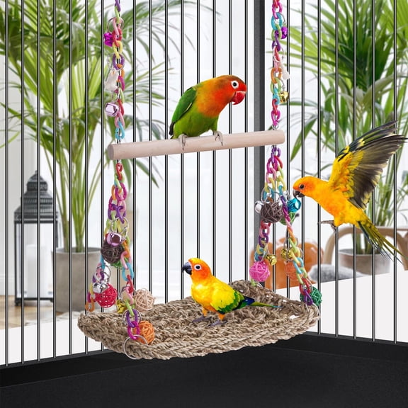 TOPRenddon Bird Toys Parrot Toys, All Season Pet Hammock Swing Set with Rattan Balls Colorful Chains Double Layer Swings, Interactive Play Toys for Birds