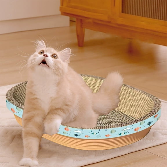 TOPRenddon Blue Round Cat Scratcher Bed 2-in-1 Corrugated Paper Tray Non-Slip 360 Scratching for Cat Sleeping Playing (17.72x11.81x2.36in)
