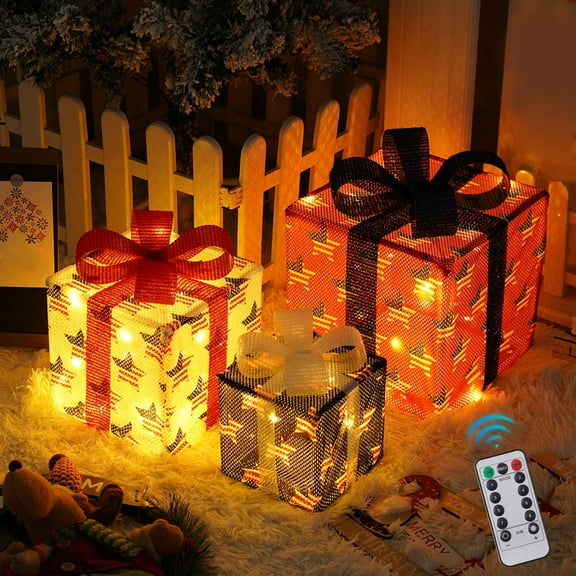 TOPRenddon Christmas Decorations Indoor, Set of 3 LED Christmas Lights Gift Box with Bows, Christmas Ornaments Decorative Presents Boxes Xmas Lights for Tree Carpet Kitchen Office Party and Room Decor