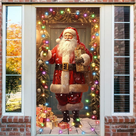 Christmas Door Decor Cover 35x71 Inch, Festive Holiday Door Hanging Tapestry for Front Door Indoor Outdoor, Easy Install No Tools Door Wrap for Christmas Party Home Decor