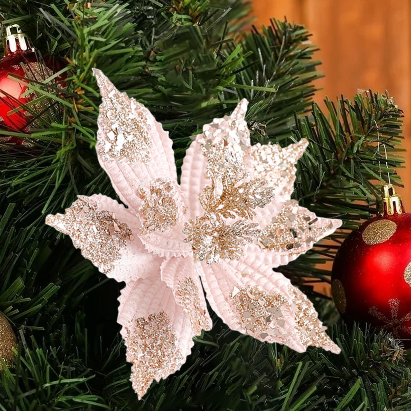 TOPRenddon Christmas Glitter Flowers Christmas Tree Ornaments ...