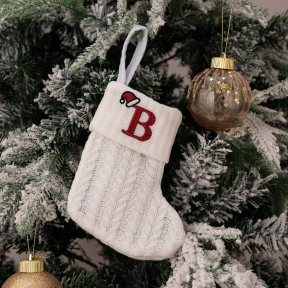 TOPRenddon Christmas Stockings, 7.1 inch Embroidered Initial Letter Cable Knit Mini Cute White Cuffs for Home Family Fireplace Hanging Xmas Holiday Party Decor Gift