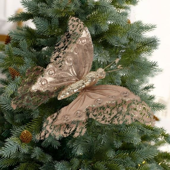 TOPRenddon Christmas Tree Butterfly Decorations 4 Colors Xmas Glitter Hollow Butterfly Ornaments 3D Hanging Butterfly Wall Decor for Christmas Tree Decor