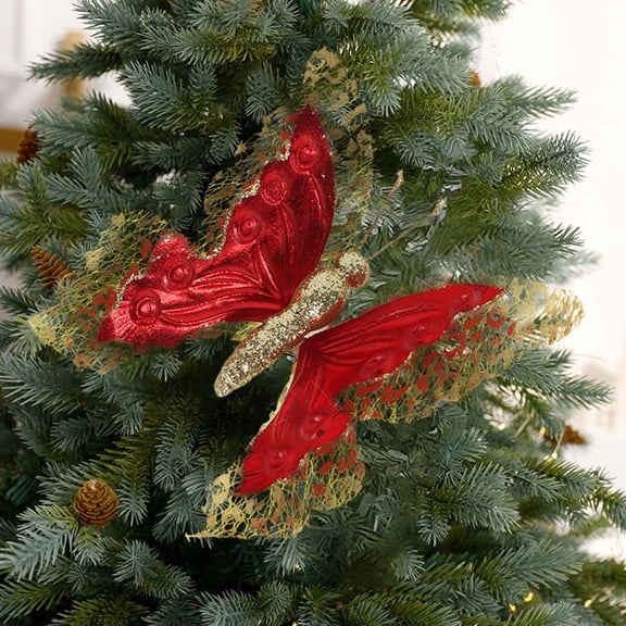 TOPRenddon Christmas Tree Butterfly Decorations 4 Colors Xmas Glitter Hollow Butterfly Ornaments 3D Hanging Butterfly Wall Decor for Christmas Tree Decor