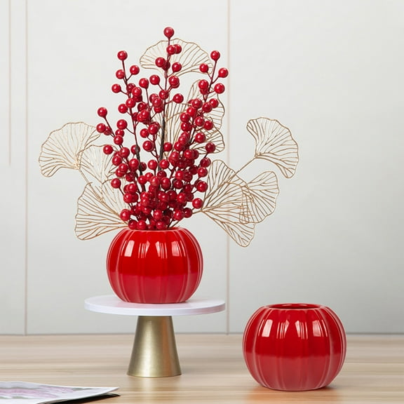 TOPRenddon Creative Pumpkin Shape Ceramic Vase for Flower Dry Flower Hydroponic Planter Decorative Vase for Home Room Office Party Wedding-Red