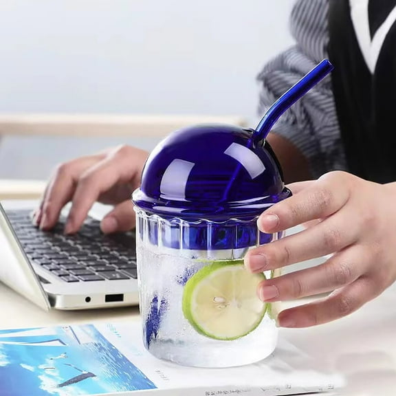 TOPRenddon Cups with Lids And Straws,Cute Drinking Glasses With Glass Dome Lid And Straw, Reusable Wide Mouth Milkshakes Cups 15oz Glass Coffee Iced Cup For Home Office Bar