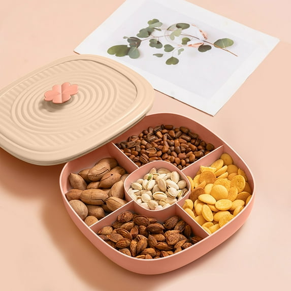 TOPRenddon Divided Serving Tray with Lid and Handle, Portable Snack Fruit Tray with 4 Compartments, Snackle Box Container Platters Organizer for Candy Fruits Nuts Snacks