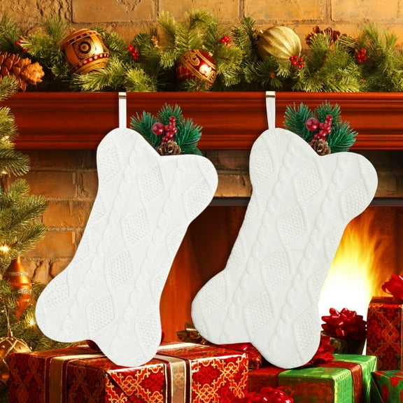 TOPRenddon Dog Christmas Stocking, Knit White Christmas Stocking for Dogs, Bone Shape Dog Stocking Christmas Large Pet Stockings Hanging Dog Christmas Stocking for Dogs Cats Pets