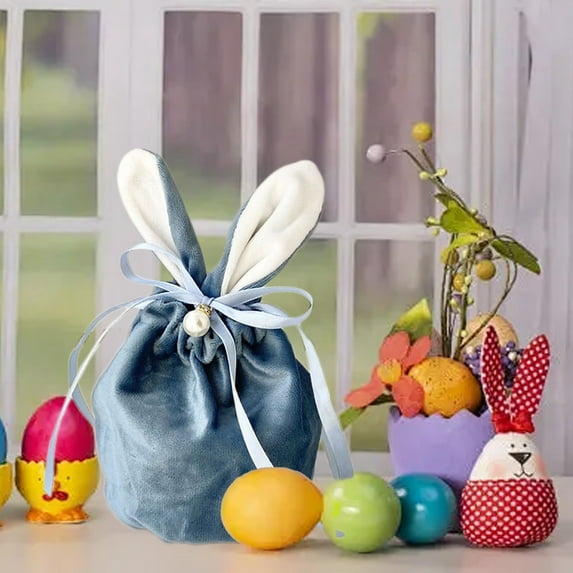 TOPRenddon Easter Bunny Gift Bags Rabbit Ear Velvet Bags with Drawstrings 5.5 x 5.2 Inch Bunny Gift Pouches Bunny Party Favors for Baby Kid Basket Party Supplies Candy Treat Jewelry
