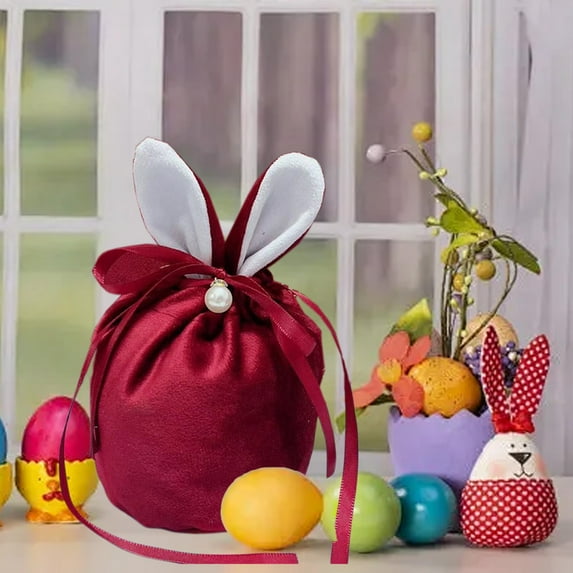TOPRenddon Easter Bunny Gift Bags Rabbit Ear Velvet Bags with Drawstrings 5.5 x 5.2 Inch Bunny Gift Pouches Bunny Party Favors for Baby Kid Basket Party Supplies Candy Treat Jewelry